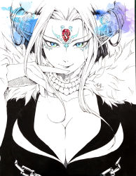 Rule 34 | 1girl, breasts, cleavage, facial mark, female focus, forehead jewel, hanakingyo, highres, horns, large breasts, looking at viewer, partially colored, pointy ears, portrait, smile, solo, thunderbolt fantasy, train, upper body, white background, xing hai