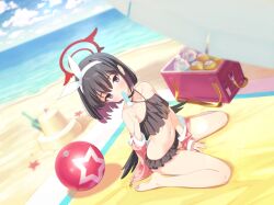 Rule 34 | 1girl, absurdres, artist request, ball, beach, beach towel, beach umbrella, beachball, between legs, bikini, black bikini, black choker, black hair, black wings, blue archive, bow hairband, choker, colored inner hair, cooler, flag, food, food in mouth, frilled bikini, frills, game cg, hairband, halo, halterneck, hand between legs, highres, jacket, jacket over swimsuit, jacket partially removed, lens flare, looking at viewer, low wings, mashiro (blue archive), mashiro (swimsuit) (blue archive), medium hair, multicolored hair, non-web source, off-shoulder bikini, off shoulder, official alternate costume, official art, pink jacket, planted, planted shovel, popsicle, popsicle in mouth, purple eyes, purple hair, sand, sand castle, sand sculpture, shovel, sitting, solo, swimsuit, towel, two-tone hair, umbrella, wariza, white hairband, winged halo, wings