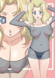 Rule 34 | 1girl, blonde hair, blue eyes, breasts, cleavage, girls und panzer, highres, kay (girls und panzer), large breasts, long hair, long sleeves, multiple views, navel, nipples, open mouth, panties, pero (gessoyo), see-through, see-through shirt, solo, underwear