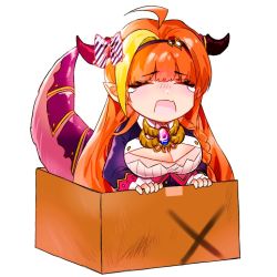 Rule 34 | 1girl, ahoge, bad id, bad pixiv id, black hairband, black jacket, blonde hair, blouse, blunt bangs, blush, bow, bowtie, box, braid, breasts, brooch, cardboard box, closed eyes, collared shirt, crying, diagonal-striped bow, dragon girl, dragon horns, dragon tail, fang, hairband, hololive, horn bow, horn ornament, horns, in box, in container, jacket, jewelry, kiryu coco, kiryu coco (1st costume), long hair, long sleeves, minho. (minh0 0o), multicolored hair, open mouth, orange hair, pendant, pointy ears, sad, scales, shirt, side braid, simple background, single braid, skin fang, solo, streaked hair, striped, striped bow, tail, tearing up, tears, upper body, virtual youtuber, white background, white shirt