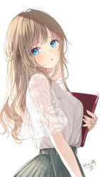 Rule 34 | 1girl, artist name, blonde hair, blue eyes, blush, book, commentary request, green skirt, head tilt, highres, holding, holding book, lace, long hair, looking at viewer, original, parted lips, pleated skirt, puracotte, shirt, short sleeves, signature, simple background, skirt, solo, standing, white background, white shirt