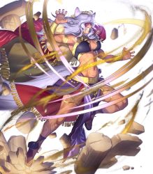 Rule 34 | 1girl, animal ears, azusa (hws), bracelet, breasts, cane, cape, dark-skinned female, dark skin, eyepatch, female focus, fingernails, fire emblem, fire emblem: radiant dawn, fire emblem heroes, full body, gold trim, green eyes, hand up, highres, jewelry, long hair, medium breasts, midriff, nailah (fire emblem), navel, nintendo, non-web source, official alternate costume, official art, pelvic curtain, purple eyes, rock, sandals, solo, tail, tattoo, thighs, toeless footwear, toes, transparent background, white background, wolf ears, wolf girl, wolf tail