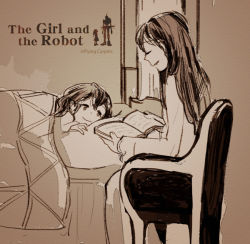 Rule 34 | 2girls, bed, book, child, copyright name, english text, closed eyes, logo, long hair, looking at another, lying, monaka (siromona), monochrome, multiple girls, parted lips, sitting, smile, the girl (gnr), the girl and the robot
