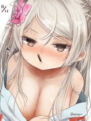 Rule 34 | 1girl, akino shuu, animal print, blush, breasts, brown eyes, cleavage, collarbone, conte di cavour (kancolle), dated, fish print, food, goldfish print, grey hair, japanese clothes, kantai collection, kimono, large breasts, long hair, mouth hold, pocky, pocky day, simple background, solo, twitter username, upper body, white background, white kimono, yukata