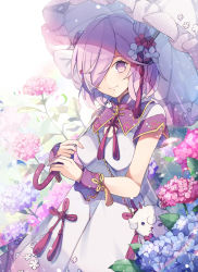 Rule 34 | 1girl, alternate costume, breasts, bubble, commentary request, double bun, dress, fate/grand order, fate (series), flower, hair bun, hair over one eye, highres, hiyunagi, holding, holding umbrella, hydrangea, light purple hair, looking at viewer, mash kyrielight, mash kyrielight (fgo shanghai expo), medium breasts, pink flower, purple eyes, purple hair, red flower, red ribbon, ribbon, short hair, short sleeves, smile, solo, umbrella, water drop, white dress, white flower