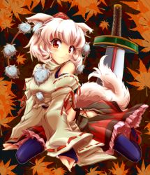 Rule 34 | 1girl, :3, animal ears, artist request, bad id, bad pixiv id, black thighhighs, bridal gauntlets, detached sleeves, female focus, full body, hat, inubashiri momiji, red eyes, reon (wildkuma), solo, sword, tail, thighhighs, tokin hat, touhou, weapon, white hair, wolf ears, wolf tail