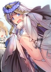 Rule 34 | 10s, 2girls, ahoge, armor, artoria pendragon (all), artoria pendragon (fate), blonde hair, blue eyes, blush, breasts, cowboy shot, crotch plate, fate/extra, fate/extra ccc, fate/grand order, fate (series), hands in opposite sleeves, head wreath, juliet sleeves, long hair, long sleeves, looking at viewer, meltryllis (fate), meltryllis (third ascension) (fate), midriff, misao (kami no misoshiru), multiple girls, navel, nero claudius (bride) (fate), nero claudius (bride) (third ascension) (fate), nero claudius (fate), nero claudius (fate) (all), puffy sleeves, purple hair, revealing clothes, saber (fate), sweatdrop, thigh gap, thighhighs, veil, very long hair