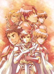 Rule 34 | 6+boys, ;), alen (fire emblem), armor, blonde hair, brown eyes, brown hair, cain (fire emblem: shadow dragon), cape, fiery background, fingerless gloves, fire, fire emblem, fire emblem: genealogy of the holy war, fire emblem: mystery of the emblem, fire emblem: path of radiance, fire emblem: shadow dragon and the blade of light, fire emblem: the binding blade, fire emblem: the blazing blade, fire emblem: the sacred stones, forde (fire emblem), gloves, kent (fire emblem), kieran, knight, looking away, male focus, multiple boys, naoise (fire emblem), nintendo, one eye closed, open mouth, orange eyes, orange hair, red eyes, red gloves, red hair, serina ranshi, serious, smile, sword, trait connection, weapon