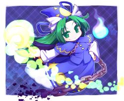 Rule 34 | 1girl, blue background, broken, broken chain, capelet, chain, chibi, crescent, full body, ghost tail, green eyes, green hair, hand on own hip, hat, hitodama, holding, holding staff, isu (is88), leaning to the side, light particles, long hair, long sleeves, looking at viewer, mima (touhou), outstretched arm, parted bangs, plaid, plaid background, smile, solo, staff, star (symbol), star print, touhou, touhou (pc-98), wizard hat