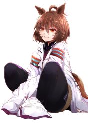 Rule 34 | 1girl, agnes tachyon (umamusume), ahoge, animal ears, arano oki, black pantyhose, black shirt, brown hair, closed mouth, collared shirt, commentary request, full body, hair between eyes, highres, horse ears, horse girl, horse tail, lab coat, long sleeves, looking at viewer, open clothes, pantyhose, red eyes, shirt, simple background, sleeves past fingers, sleeves past wrists, smile, solo, sweater vest, tail, umamusume, white background