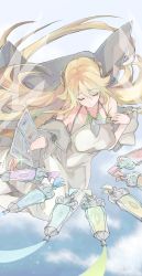 Rule 34 | 1girl, absurdres, bare shoulders, blonde hair, breasts, closed eyes, collarbone, dress, duel monster, feet out of frame, floating, floating hair, highres, holding, holding paintbrush, long hair, paint tube, paintbrush, smile, solo, sparkle, the weather painter rainbow, tsumayouji (dekosoko), yu-gi-oh!