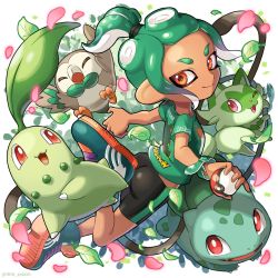 Rule 34 | 1girl, :3, artist name, bike shorts, bird, black shorts, bulbasaur, cat, chikorita, closed mouth, commentary request, creatures (company), dark-skinned female, dark skin, fangs, forehead, full body, game freak, gen 1 pokemon, gen 2 pokemon, gen 7 pokemon, green footwear, green hair, green shirt, high ponytail, highres, holding, holding poke ball, iria (yumeirokingyo), leaf, looking at viewer, looking to the side, nintendo, octoling, octoling girl, octoling player character, open mouth, owl, petals, poke ball, poke ball (basic), pokemon, pokemon (creature), ponytail, print shirt, red eyes, rowlet, shirt, shoes, short eyebrows, short ponytail, short sleeves, shorts, sidelocks, smile, smirk, sneakers, splatoon (series), splatoon 3, sprigatito, t-shirt, tentacle hair, tentacles, twitter username, white background