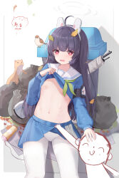 Rule 34 | 1boy, 1girl, absurdres, animal ears, bai qiangwei, black hair, blue archive, blue serafuku, blue skirt, blush, bright pupils, clothes lift, doodle sensei (blue archive), fake animal ears, green neckerchief, halo, highres, leaf, leaf on head, lifted by self, lifting another&#039;s clothes, long hair, long sleeves, looking at viewer, miyu (blue archive), navel, neckerchief, pantyhose, rabbit ears, red eyes, sailor collar, school uniform, sensei (blue archive), serafuku, skirt, skirt lift, trash can, two-tone skirt, white pantyhose, white pupils, white sailor collar, white skirt