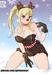 Rule 34 | 1girl, alternate costume, animal costume, antlers, bare arms, bare shoulders, between legs, blonde hair, blush, breasts, breath, brown dress, brown eyes, brown gloves, choker, christmas, cleavage, closed mouth, collarbone, commentary, dress, english commentary, eyelashes, fairy tail, fake antlers, gloves, gurinsensei, hand between legs, horns, kneeling, large breasts, lips, long hair, looking at viewer, lucy heartfilia, pleated dress, ponytail, red nose, reindeer antlers, reindeer costume, shiny skin, short dress, sidelocks, smile, snowflakes, snowing, solo, strapless, strapless dress, swept bangs, thighs, winter