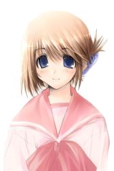 Rule 34 | 00s, 1girl, blonde hair, blue eyes, blush, bow, bowtie, folded ponytail, komaki manaka, looking at viewer, school uniform, shirt, short hair, simple background, smile, solo, to heart (series), to heart 2, upper body, white background, white shirt
