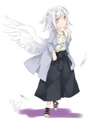 Rule 34 | 1girl, alternate costume, alternate eye color, black pants, blush, braid, casual, collarbone, commentary request, contemporary, feathered wings, feathers, floral print, french braid, full body, grey jacket, hand up, highres, jacket, kishin sagume, long sleeves, looking at viewer, pants, pink eyes, shadow, shirt, short hair, signature, silver hair, simple background, single wing, smile, solo, standing, standing on one leg, striped clothes, striped jacket, swept bangs, touhou, toutenkou, vertical-striped clothes, vertical-striped jacket, white background, white shirt, white wings, wings