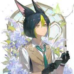 1boy arched_window bishounen black_gloves border branch chenshuisuhe closed_mouth crystalfly_(genshin_impact) double-parted_bangs dress_shirt falling_petals flower foliage genshin_impact gloves green_neckerchief hair_between_eyes highres holding holding_notepad holding_pen looking_up male_focus neckerchief notepad ornate_border outside_border pen petals purple_petals sample_watermark shirt sleeves_rolled_up solo split_mouth three_quarter_view tighnari_(genshin_impact) tighnari_(m&amp;g)_(genshin_impact) upper_body vest watermark white_background white_shirt window