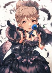 Rule 34 | 10s, 1girl, bad id, bad pixiv id, black dress, black gloves, black wings, blue flower, blue rose, breasts, brown eyes, brown hair, cleavage, dress, feathered wings, feathers, flower, gloves, highres, idolmaster, idolmaster million live!, long hair, looking at viewer, matching hair/eyes, microphone, narumi arata, open mouth, outstretched arms, rose, smile, solo, tenkuubashi tomoka, wings