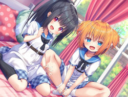 Rule 34 | 2girls, :d, asa no ha (awayuki), belt, black hair, black legwear, blue eyes, blunt bangs, blush, breasts, brown hair, collarbone, copyright request, curtains, day, dutch angle, eyebrows hidden by hair, female focus, highres, indian style, indoors, looking at viewer, medium hair, multiple girls, neckerchief, no shoes, official art, on bed, open mouth, pillow, plaid, plaid skirt, ponytail, red eyes, school uniform, serafuku, short twintails, sidelocks, sitting, skirt, small breasts, smile, socks, thighs, twintails, wariza, white legwear, window