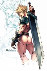 Rule 34 | 1990s (style), 1boy, armor, ass, bara, blonde hair, cloud strife, dizdoodz, final fantasy, final fantasy vii, looking at viewer, male focus, nude, partially colored, solo, sword, tagme, weapon, white background