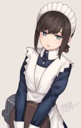 Rule 34 | 1girl, alternate costume, apron, artist name, blue eyes, brown hair, buttons, dated, enmaided, fubuki (kancolle), grey background, kantai collection, long sleeves, looking at viewer, maid, maid apron, maid headdress, open mouth, rokuwata tomoe, short hair, short ponytail, simple background, solo, tray, twitter username, white apron