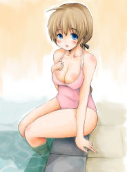 Rule 34 | 1girl, ahoge, arm support, blue eyes, braid, breasts, brown hair, cleavage, haruyuki, highres, large breasts, long hair, lynette bishop, one-piece swimsuit, open mouth, ripples, shirt, single braid, sitting, soaking feet, solo, strike witches, swimsuit, taut clothes, taut shirt, water, world witches series