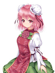 Rule 34 | 1girl, arm garter, blush, breasts, bun cover, chain, chinese clothes, closed mouth, cowboy shot, cuffs, double bun, flower, green skirt, hair bun, highres, ibaraki kasen, juliet sleeves, long sleeves, looking at viewer, medium breasts, pink eyes, pink hair, pink rose, puffy sleeves, rose, shackles, short hair, skirt, smile, solo, tabard, touhou, u2 (5798239), white background