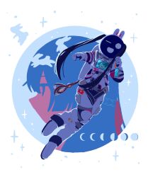 Rule 34 | animal ears, astronaut, backlighting, backpack, bag, black hair, blue background, blue hair, border, colored skin, commentary request, covered face, expressionless, fake animal ears, floating, floating hair, hair ribbon, half updo, hand up, harness, helmet, highres, long hair, looking at viewer, mechanical ears, moon phases, multicolored background, multiple views, nichi (83nichi), nijisanji, one eye closed, outside border, pink skin, pointing, pointing at viewer, profile, rabbit, rabbit ears, red ribbon, ribbon, round border, screen, smile, space helmet, spacesuit, star (symbol), tsukino mito, tsukino mito (16th costume), tsukino mito (1st costume), twintails, virtual youtuber, white background