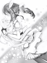 Rule 34 | arm bands, blurry, blurry background, bow, closed eyes, dress, feathers, flower, from side, greyscale, hair ornament, highres, holding, holding flower, hololive, layered skirt, medium hair, monochrome, nanashi (nlo), pleated skirt, ribbon, side ponytail, sidelocks, skirt, sleeveless, smile, star (symbol), star hair ornament, tokino sora, tokino sora (birthday 2022), virtual youtuber, wrist ribbon