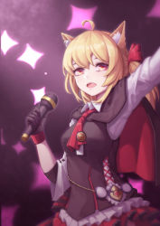 Rule 34 | 1girl, ahoge, animal ear fluff, animal ears, arknights, arm up, ascot, black capelet, black gloves, black vest, blonde hair, capelet, collared shirt, cowboy shot, fangs, fox ears, frilled skirt, frills, gloves, hair ribbon, ling huanxiang, looking at viewer, medium hair, microphone, miniskirt, music, open mouth, red ascot, red eyes, red skirt, ribbon, shirt, side ponytail, singing, skirt, solo, sora (arknights), sparkle, vest, white shirt, wing collar, wolf ears