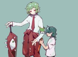 Rule 34 | 2boys, age difference, aqua hair, armband, chinese commentary, closed mouth, clothes around waist, collared shirt, commentary request, dagger, employee (project moon), green armband, green background, green hair, hair over eyes, highres, holding, holding dagger, holding knife, holding sword, holding weapon, jacket, jacket around waist, knife, lobotomy corporation, long sleeves, multiple boys, pants, project moon, red eyes, red jacket, red pants, shirt, short hair, short sleeves, simple background, smile, sword, tesna, tie clip, weapon, white shirt