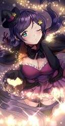 Rule 34 | 1girl, absurdres, aqua eyes, black hat, blowing kiss, breasts, cleavage, dress, halloween, hat, highres, kazepana, large breasts, looking at viewer, love live!, low twintails, one eye closed, puckered lips, purple dress, purple hair, solo, tojo nozomi, twintails