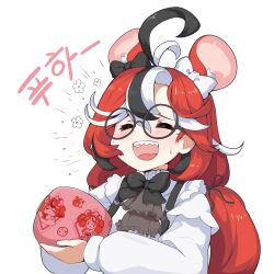 1girl absurdres ahoge animal_ears ascot black-framed_eyewear black_bow black_bowtie black_hair blush bow bowl bowtie commentary ear_bow glasses grey_ascot hakos_baelz hakos_baelz_(steel_rose) highres holding holding_bowl hololive hololive_english korean_text long_hair long_sleeves low_twintails mouse_ears multicolored_hair official_alternate_costume red_hair round_eyewear shirt simple_background snowmya solo streaked_hair suspenders sweatdrop symbol-only_commentary teeth twintails upper_body upper_teeth_only virtual_youtuber white_background white_shirt