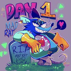 Rule 34 | 2boys, boxyam, character name, commentary, dated, ear tag, english commentary, english text, fangs, gloves, grass, grey background, grin, heart, heart (mad rat dead), highres, hole in chest, hole on body, leaning on object, mad rat (mad rat dead), mad rat dead, multiple boys, rest in peace (phrase), signature, smile, speech bubble, stitches, tombstone, v-shaped eyebrows, x x, yellow gloves