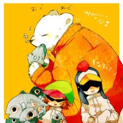 Rule 34 | 2boys, bear, bepo, cabbie hat, crossed arms, earflap hat, eating, fish, hat, hat pompom, heart pirates, jumpsuit, lowres, male focus, multiple boys, one piece, penguin (one piece), shachi (one piece), sitting, sunglasses