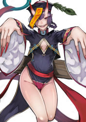 Rule 34 | 1girl, :d, braid, breasts, eyeliner, fangs, fate/grand order, fate (series), fingernails, groin, hat, highres, horns, jiangshi, long hair, looking at viewer, makeup, nail polish, oni, open mouth, outstretched arms, pointy ears, purple eyes, purple hair, qingdai guanmao, sharp fingernails, shuten douji (fate), shuten douji (festival outfit) (fate), simple background, smile, solo, talisman, teeth, very long fingernails, white background, yoshio (55level)
