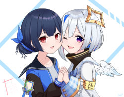 Rule 34 | 2girls, absurdres, ai ai gasa, amane kanata, amane kanata (1st costume), angel wings, anhun, armband, badge, blue hair, blue jacket, blush, cheek-to-cheek, commentary, crossover, frills, grey shirt, hair between eyes, hair ornament, heads together, heart, highres, hololive, idolmaster, idolmaster shiny colors, interlocked fingers, jacket, letterman jacket, long sleeves, looking at viewer, morino rinze, multicolored hair, multiple girls, one eye closed, open mouth, pink hair, purple eyes, red eyes, sailor collar, shirt, short hair, silver hair, smile, two-tone hair, upper body, virtual youtuber, white background, wings