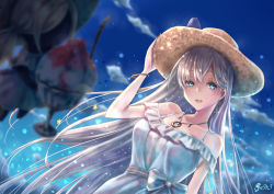 Rule 34 | 1girl, absurdres, anastasia (fate), anastasia (swimsuit archer) (fate), anastasia (swimsuit archer) (first ascension) (fate), bare shoulders, blue dress, blue eyes, blue sky, blush, bracelet, breasts, collarbone, death-point, doll, dress, earrings, fate/grand order, fate (series), food, hair over one eye, hairband, hat, highres, jewelry, large breasts, long hair, looking at viewer, necklace, open mouth, pendant, shaved ice, silver hair, sky, smile, straw hat, very long hair, viy (fate)