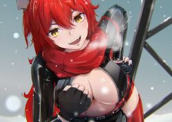 Rule 34 | 1girl, :d, absurdres, anti-materiel rifle, black gloves, black jacket, breasts, bullpup, cleavage, crop top, cropped jacket, fangs, fingerless gloves, gloves, goddess of victory: nikke, gun, hair between eyes, headgear, highres, horns, jacket, large breasts, leaning forward, leather, leather jacket, long hair, mechanical horns, navel, open mouth, red hair, red hood (nikke), red scarf, rifle, scarf, smile, sniper rifle, snow, snowing, solo, teeth, unzipped, upper teeth only, very long hair, weapon, yellow eyes, yukiguni kitsune, zipper