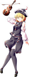 Rule 34 | 0-den, 1girl, absurdres, arm behind head, black footwear, black headwear, black shirt, black skirt, black thighhighs, blonde hair, blouse, bow (music), buttons, closed mouth, crescent moon, detached sleeves, floating, floating object, full body, highres, instrument, looking at viewer, lunasa prismriver, moon, shirt, short hair, simple background, skirt, skirt set, smile, solo, thighhighs, touhou, violin, white background, white sleeves, yellow eyes