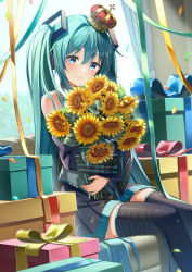 Rule 34 | 1girl, aqua hair, banned artist, black skirt, black sleeves, black thighhighs, blue eyes, blush, box, closed mouth, commentary request, confetti, curtains, day, detached sleeves, feet out of frame, flower, gift, gift box, hair between eyes, hatsune miku, highres, indoors, long sleeves, hugging object, pleated skirt, skirt, smile, solo, sunflower, thighhighs, twintails, vocaloid, wide sleeves, window, yellow flower, yuuka nonoko