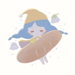 Rule 34 | 1girl, ayu (mog), baguette, blue hair, blush, bread, capelet, closed eyes, commentary, facing viewer, food, hat, holding, orange capelet, original, pantyhose, signature, solo, star (symbol), symbol-only commentary, twintails, white background, white pantyhose, yellow hat