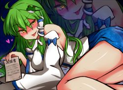 Rule 34 | 1girl, blush, breasts, female focus, frog, green hair, hair ornament, heart, japanese clothes, kochiya sanae, large breasts, long hair, lying, miko, naughty face, note, on bed, on side, roki (hirokix), snake, solo, tongue, touhou, translation request, yellow eyes, zoom layer