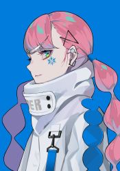 Rule 34 | 1girl, blue background, blue lips, braid, earrings, high collar, highres, jacket, jewelry, lam (ramdayo), lipstick, long hair, looking at viewer, makeup, multicolored eyes, original, pink hair, solo, tagme, twin braids, twintails, white jacket