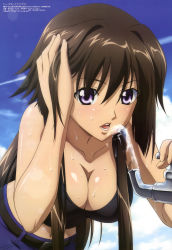 Rule 34 | 1girl, absurdres, adjusting hair, belt, bent over, breasts, brown hair, cleavage, cloud, day, downblouse, drinking, hanging breasts, highres, itou katsunobu, large breasts, long hair, looking at viewer, megami magazine, muv-luv, muv-luv alternative, muv-luv total eclipse, navel, no bra, official art, open mouth, purple eyes, sexually suggestive, sky, solo, sweat, takamura yui