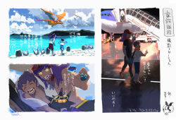Rule 34 | 2boys, aircraft, airplane, black male swimwear, black swim trunks, blue male swimwear, blue swim trunks, blush, brothers, charizard, closed eyes, cloud, commentary request, creatures (company), day, dive ball, diving mask, diving mask on head, dubwool, eyelashes, flame-tipped tail, game freak, gen 1 pokemon, gen 3 pokemon, gen 5 pokemon, gen 8 pokemon, goggles, goggles on head, holding, holding poke ball, holding pokemon, hop (pokemon), kmtk, leon (pokemon), long hair, looking back, male focus, male swimwear, multiple boys, nintendo, on lap, open mouth, outdoors, pincurchin, poke ball, pokemon, pokemon (creature), pokemon on lap, pokemon swsh, purple hair, running, seismitoad, siblings, sky, sunglasses, swim trunks, swimsuit, teeth, tongue, topless male, towel, towel around neck, translation request, w, wingull, yellow-framed eyewear, yellow eyes