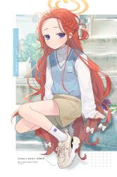 Rule 34 | 13 (spice!!), 1girl, alternate costume, blue archive, blue sweater vest, bow, braid, casual, closed mouth, forehead, hair bow, halo, highres, long hair, long sleeves, looking at viewer, parted bangs, purple eyes, red hair, shoes, shorts, sitting, smile, sneakers, socks, solo, sweater vest, very long hair, white bow, white socks, yuzu (blue archive)