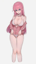 Rule 34 | 1girl, absurdres, bikini, blue eyes, bocchi the rock!, breasts, cleavage, collarbone, commentary request, cropped legs, cube hair ornament, embarrassed, gotoh hitori, grey background, hair ornament, highres, jacket, large breasts, long hair, long sleeves, looking at viewer, off shoulder, one side up, open mouth, partially unzipped, pink hair, pink jacket, shaded face, simple background, sooon, standing, swimsuit, track jacket, white bikini