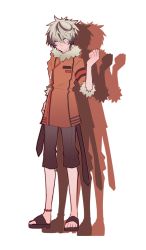 Rule 34 | 1bitheart, 1boy, anklet, black hair, brown footwear, brown pants, coat, expressionless, full body, fur-trimmed coat, fur trim, hand up, jewelry, long sleeves, male focus, miwasiba, multicolored hair, nasuga izuchi, official art, orange coat, pants, sandals, solo, streaked hair, transparent background, white eyes, white hair
