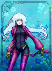 Rule 34 | 1girl, art nouveau, bad id, bad pixiv id, belt, breasts, gloves, kula diamond, long hair, open clothes, phosporus, red eyes, skin tight, snk, solo, the king of fighters, turtleneck, white hair, zipper